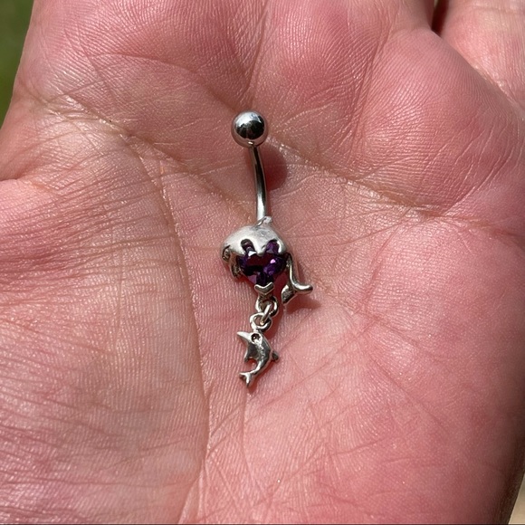 925 Sterling silver dolphin dangle bellybutton ring w/ purple crystal heart💜 - Picture 2 of 5